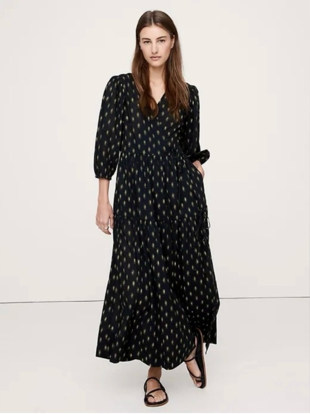 Banana Republic Cotton Wrap Maxi Dress Size Small Black Paisley Lightweight
